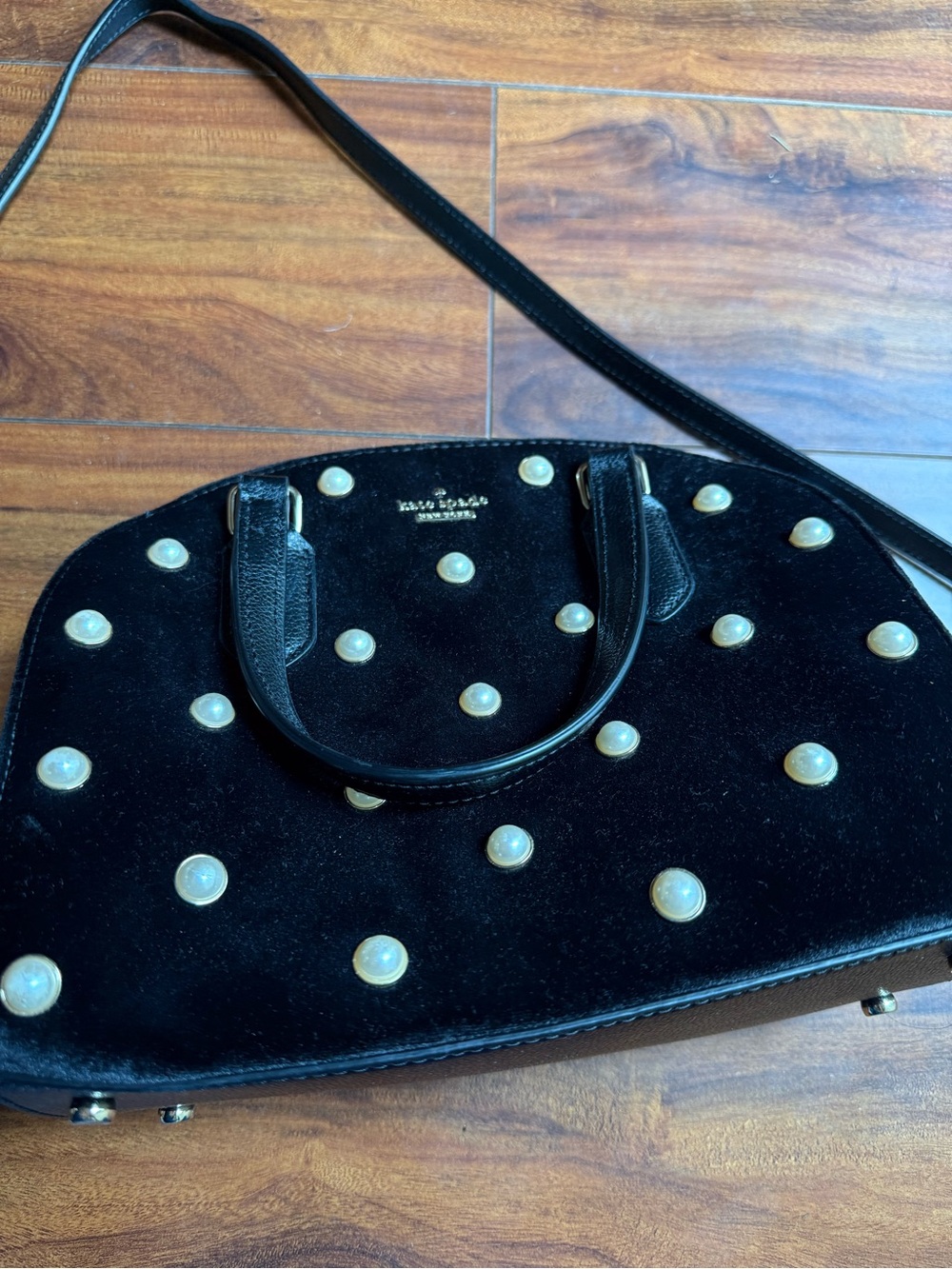 kate spade Black Pearl-Embellished Velvet Dome Satchel